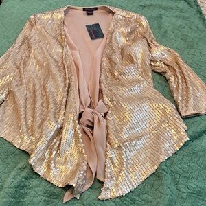 NWT Imaginary Voyage Top Attached Twin Set Sequins Blush Beige 3/4 Sleeve Gold M